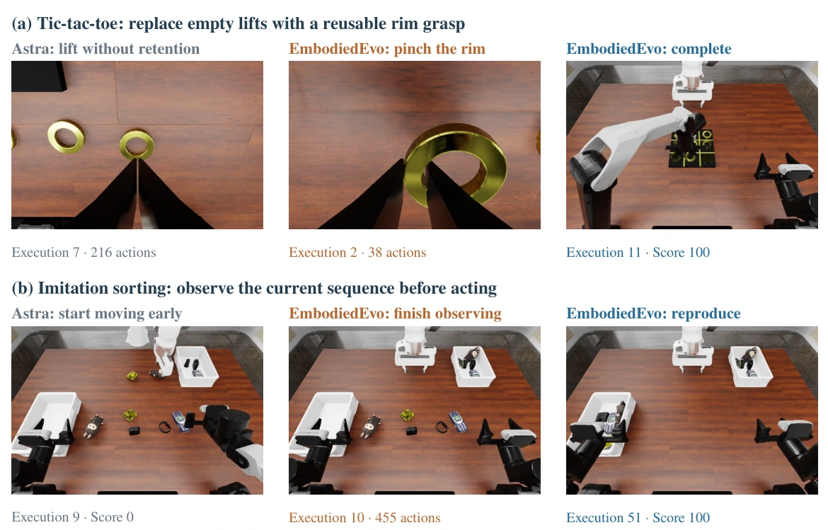 Matched task and scene comparisons: an inherited rim grasp completes tic-tac-toe; observing the full demonstration before acting enables imitation sorting